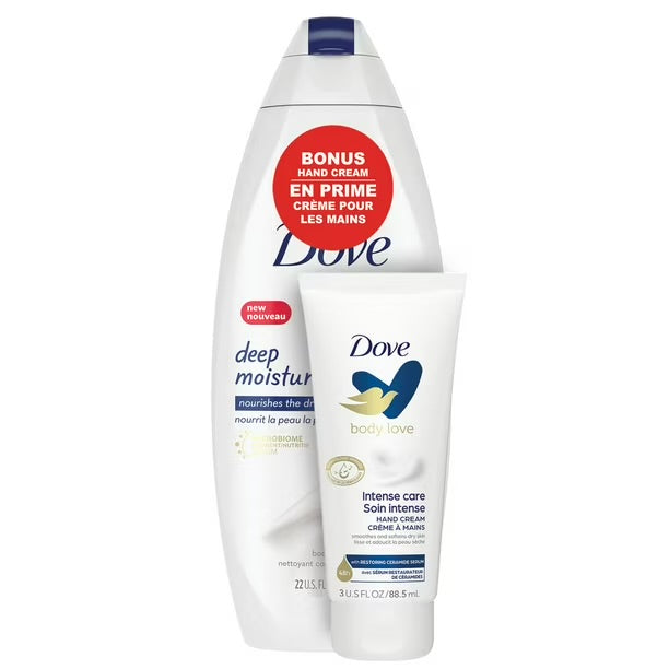 DOVE deep moisture body wash + Bonus Dove hand cream 650+88.5 ml  22+3  oz
