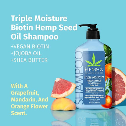 HEMPZ Peach & Grapefruit Triple Moisture Herbal Hair Shampoo - Moisturizing Gentle Shampoo to Nourish and Hydrate Hair - 17 Fl OZ
