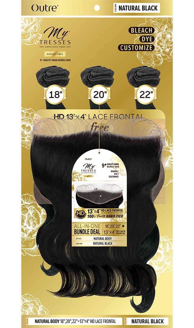OUTRE My Tresses Gold Label  Unprocessed Human Hair - BODY WAVE + 13X4 HD LACE CLOSURE 10",12",14"