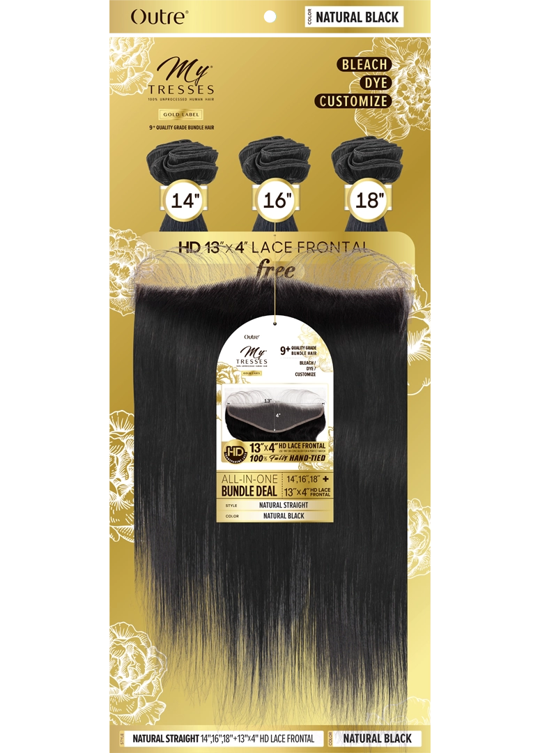 OUTRE My Tresses Gold Label  Unprocessed Human Hair - STRAIGHT + 13X4 HD LACE CLOSURE 14"16"18"